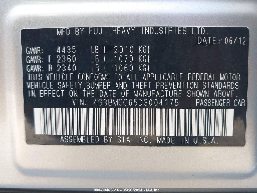 2013 Subaru Legacy 2.5I Premium VIN: 4S3BMCC65D3004175 Lot: 39465616