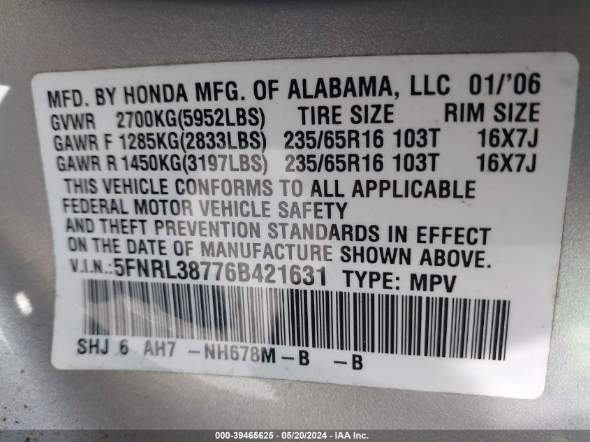 2006 Honda Odyssey Ex-L VIN: 5FNRL38776B421631 Lot: 39465625