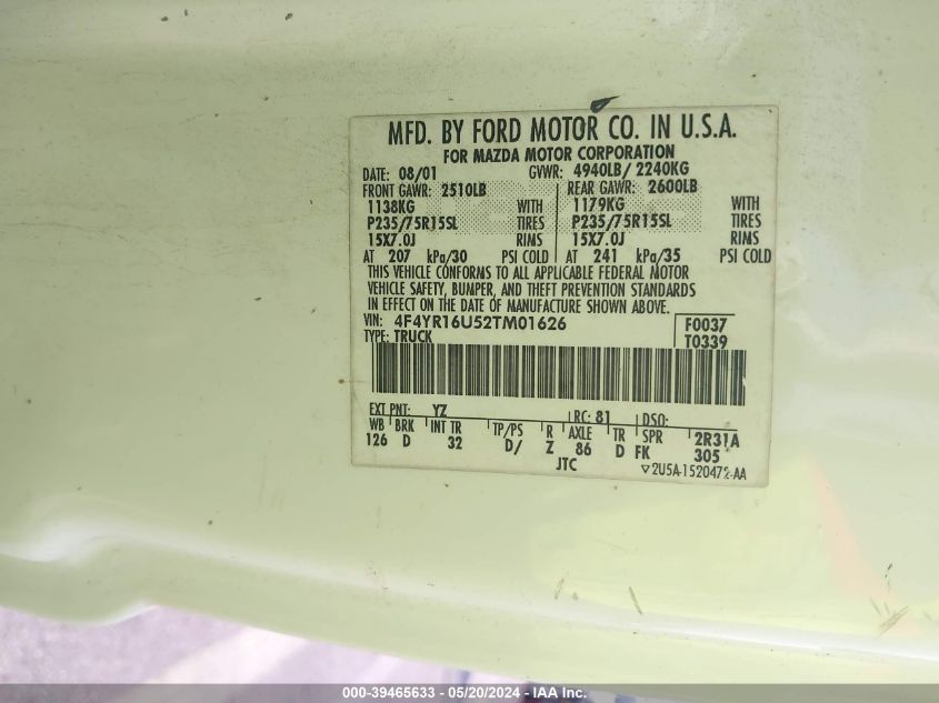 2002 Mazda B3000 Ds VIN: 4F4YR16U52TM01626 Lot: 39465633