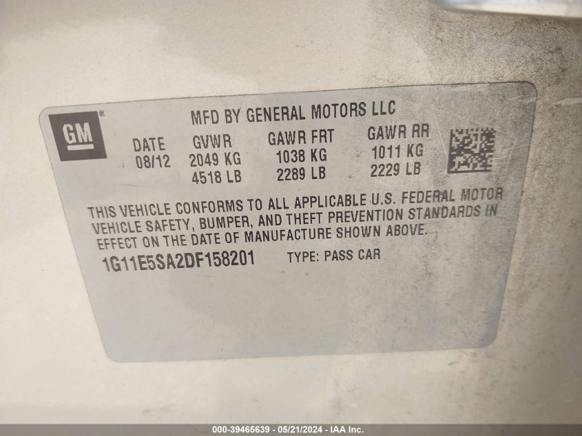 2013 Chevrolet Malibu 2Lt VIN: 1G11E5SA2DF158201 Lot: 39465639