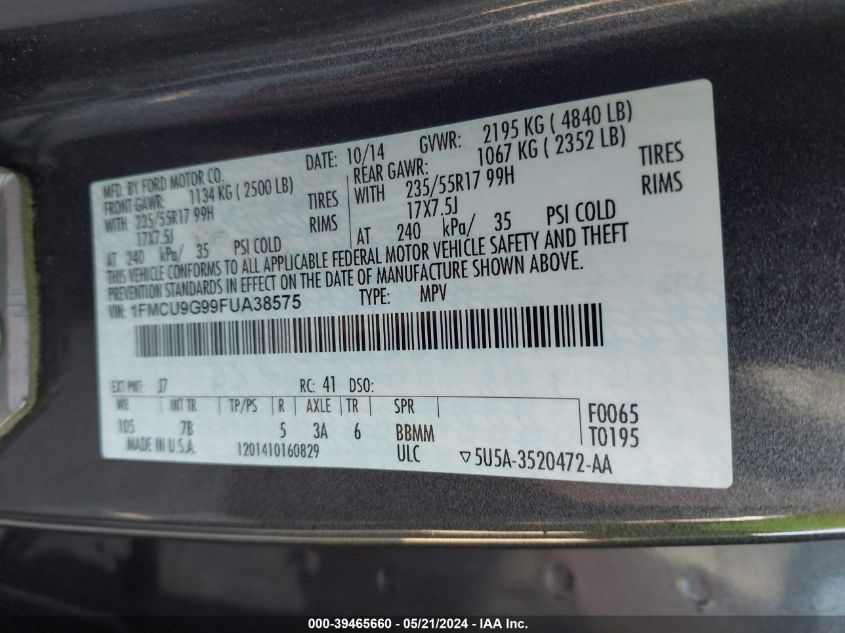 2015 Ford Escape Se VIN: 1FMCU9G99FUA38575 Lot: 39465660