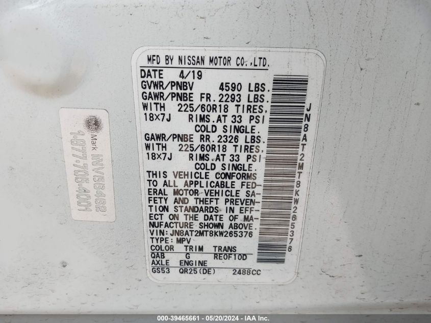 2019 Nissan Rogue Sv VIN: JN8AT2MT8KW265376 Lot: 39465661