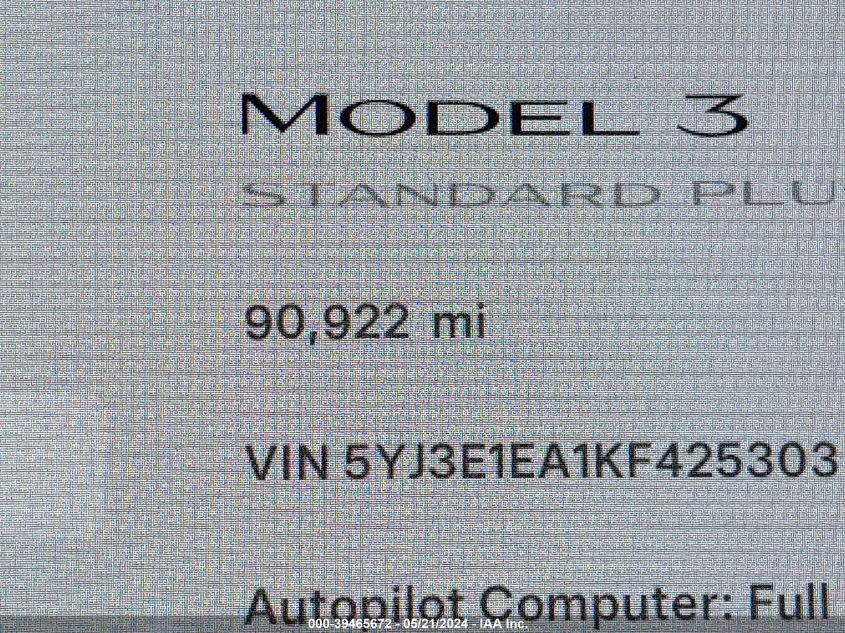 2019 Tesla Model 3 Long Range/Mid Range/Standard Range/Standard Range Plus VIN: 5YJ3E1EA1KF425303 Lot: 39465672