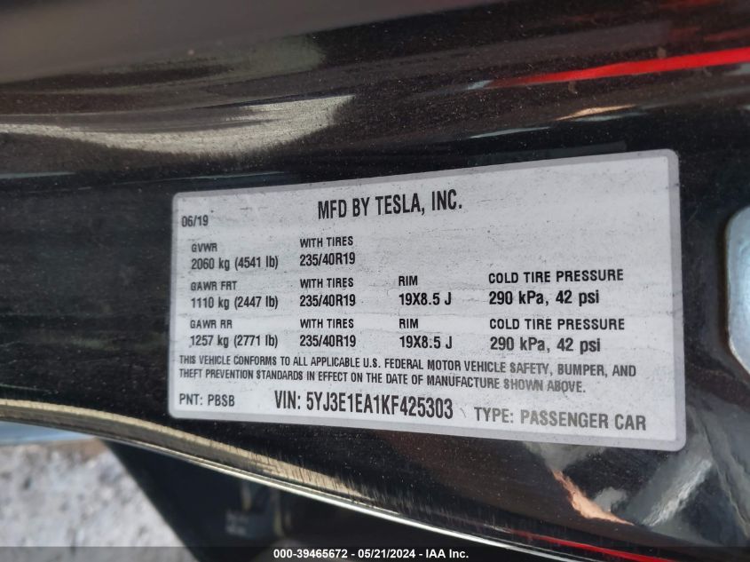 2019 Tesla Model 3 Long Range/Mid Range/Standard Range/Standard Range Plus VIN: 5YJ3E1EA1KF425303 Lot: 39465672