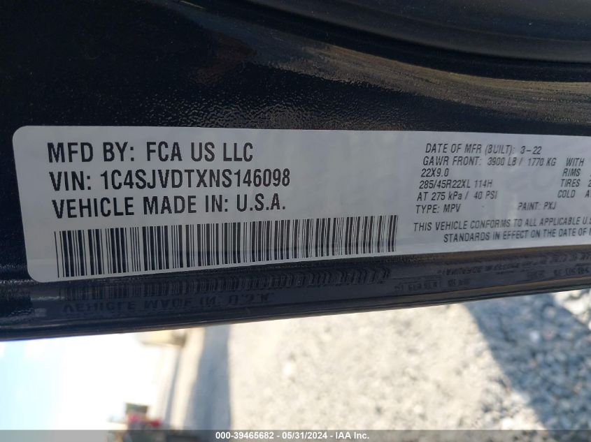 2022 Jeep Wagoneer Series Iii VIN: 1C4SJVDTXNS146098 Lot: 39465682