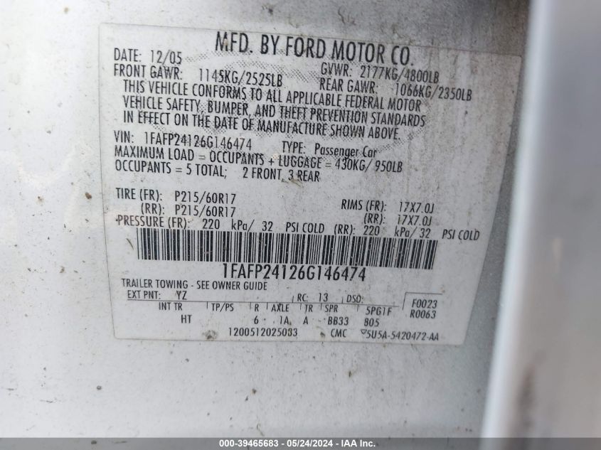 2006 Ford Five Hundred Sel VIN: 1FAFP24126G146474 Lot: 39465683