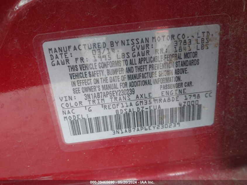 2014 Nissan Sentra Fe+ S/Fe+ Sv/S/Sl/Sr/Sv VIN: 3N1AB7AP6EY230239 Lot: 39465690