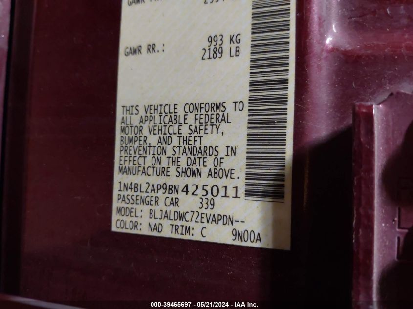2011 Nissan Altima 3.5 Sr VIN: 1N4BL2AP9BN425011 Lot: 39465697