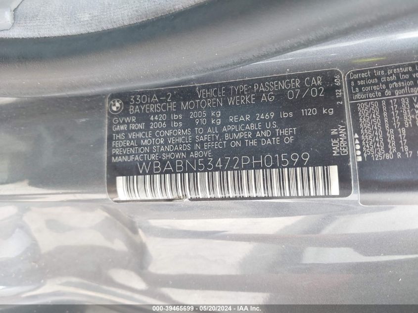 2002 BMW 330Ci Ci VIN: WBABN53472PH01599 Lot: 39465699