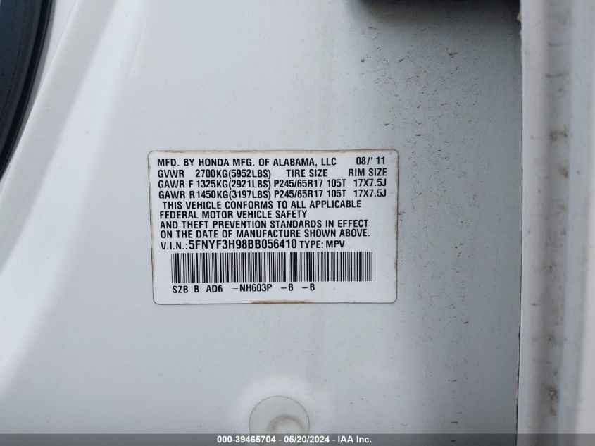 2011 Honda Pilot Touring VIN: 5FNYF3H98BB056410 Lot: 39465704