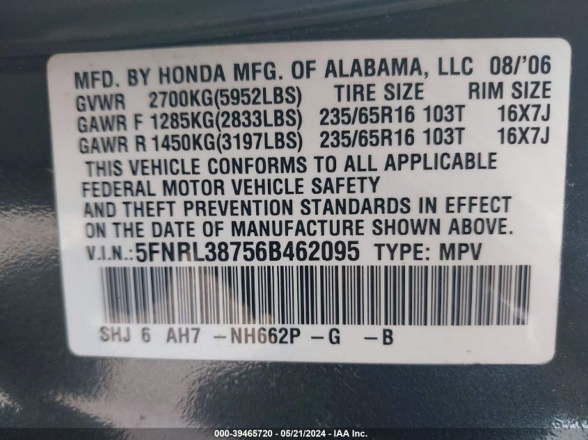 2006 Honda Odyssey Ex-L VIN: 5FNRL38756B462095 Lot: 39465720
