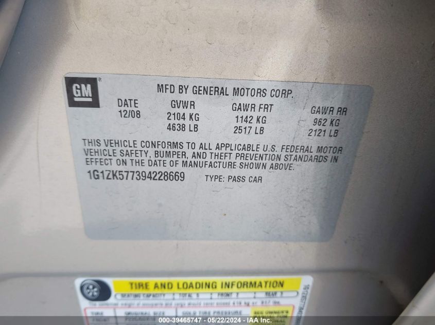 2009 Chevrolet Malibu Ltz VIN: 1G1ZK577394228669 Lot: 39465747