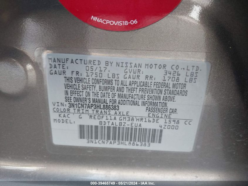 2017 Nissan Versa 1.6 Sv VIN: 3N1CN7AP3HL886383 Lot: 39465749