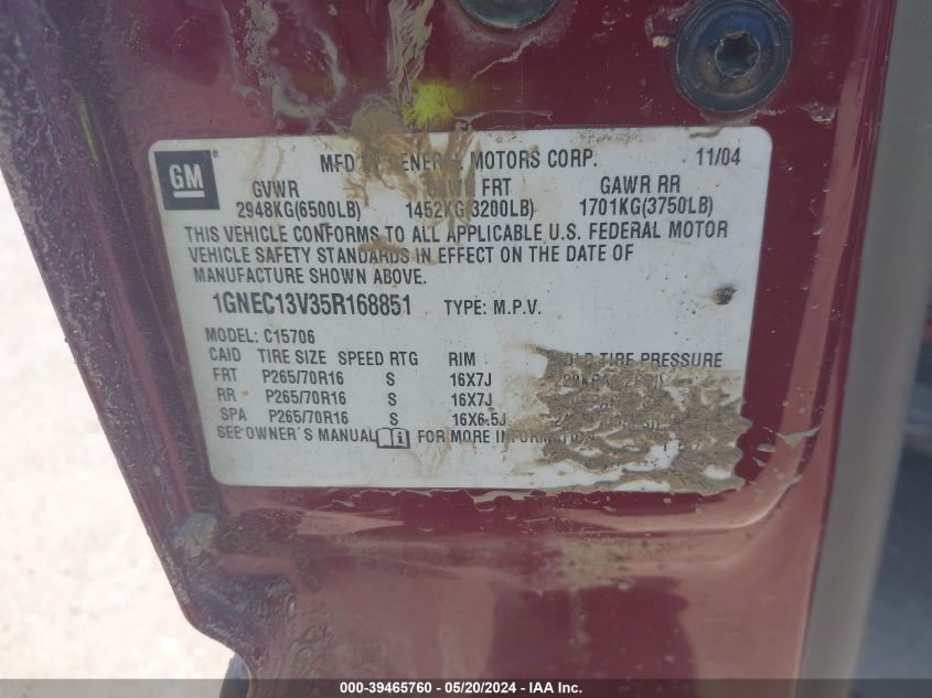 2005 Chevrolet Tahoe Ls VIN: 1GNEC13V35R168851 Lot: 39465760