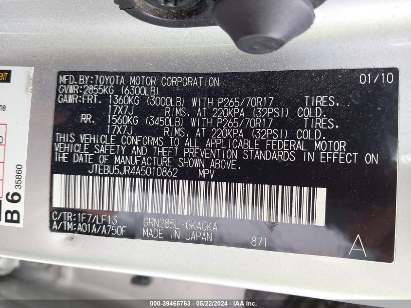2010 Toyota 4Runner Sr5 V6 VIN: JTEBU5JR4A5010862 Lot: 39465763