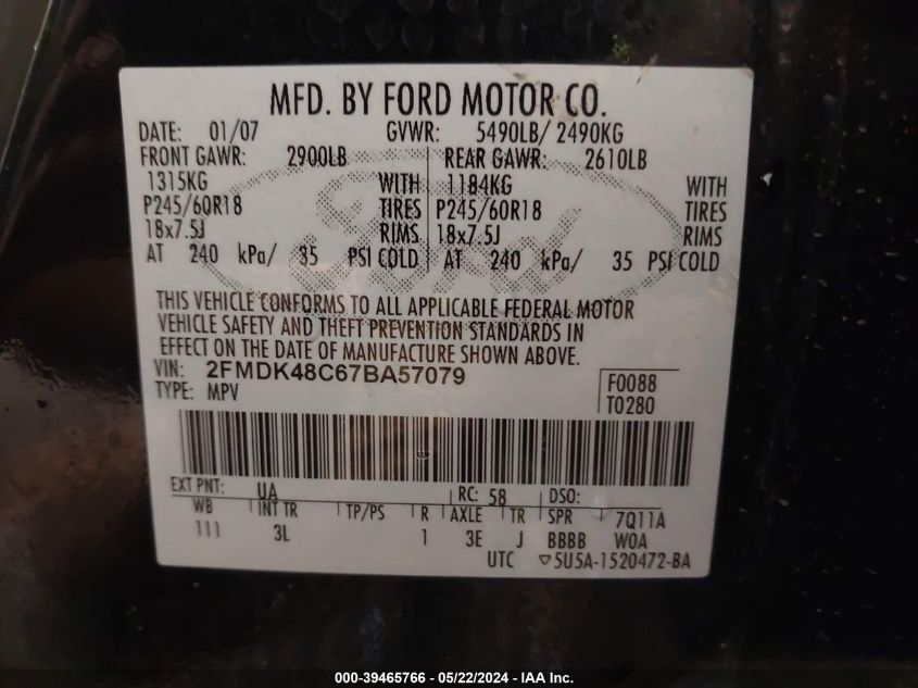 2FMDK48C67BA57079 2007 Ford Edge Sel