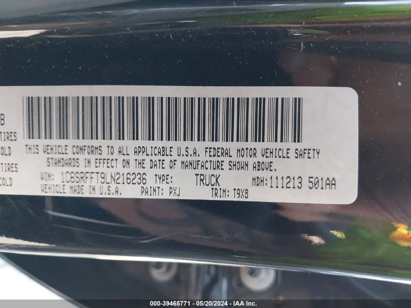 2020 Ram 1500 Big Horn 4X4 5'7 Box VIN: 1C6SRFFT9LN216236 Lot: 39465771