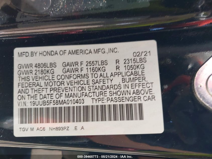 2021 Acura Tlx A-Spec Package VIN: 19UUB5F58MA010403 Lot: 39465773