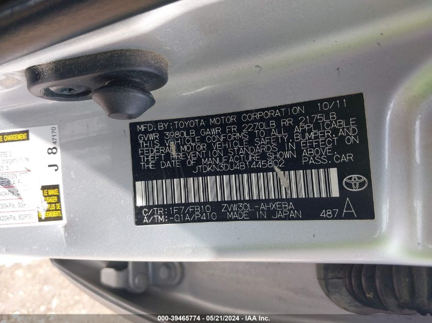 2011 Toyota Prius Two VIN: JTDKN3DU4B1445802 Lot: 39465774