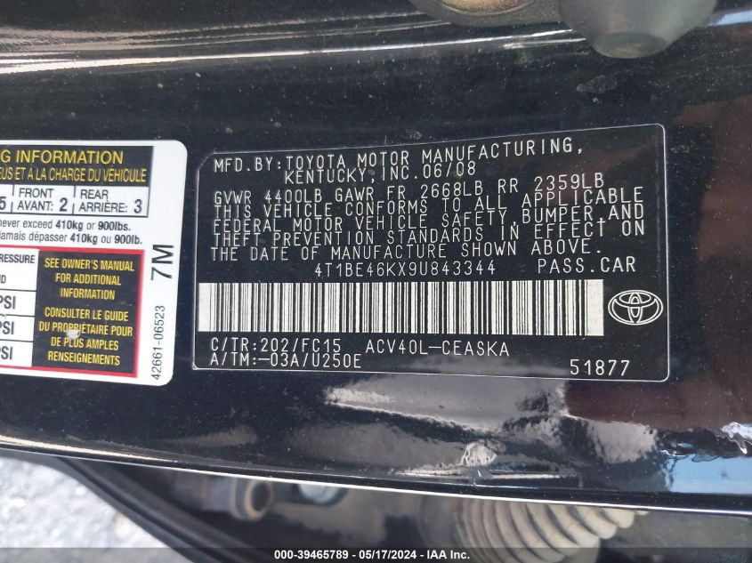 2009 Toyota Camry Se VIN: 4T1BE46KX9U843344 Lot: 39465789