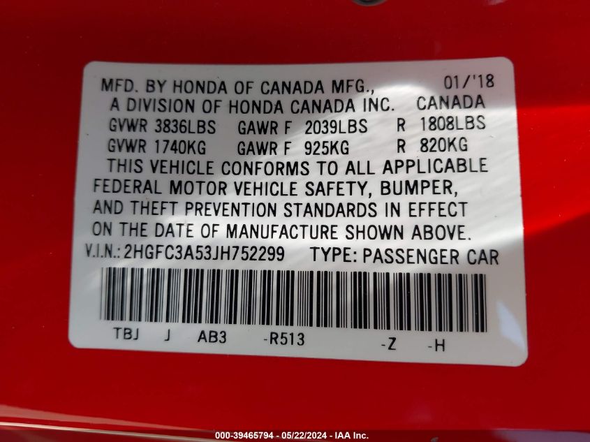 2018 Honda Civic Si VIN: 2HGFC3A53JH752299 Lot: 39465794