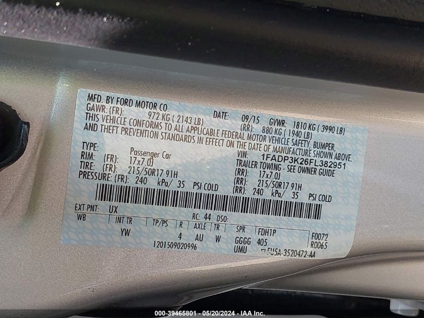 2015 Ford Focus Se VIN: 1FADP3K26FL382951 Lot: 39465801