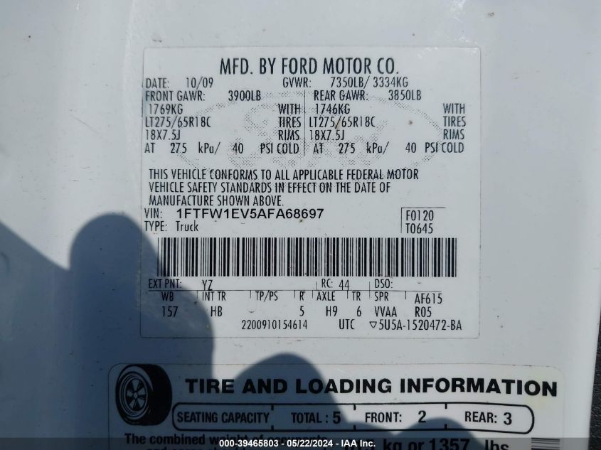 2010 Ford F-150 Fx4/Harley-Davidson/King Ranch/Lariat/Platinum/Xl/Xlt VIN: 1FTFW1EV5AFA68697 Lot: 39465803