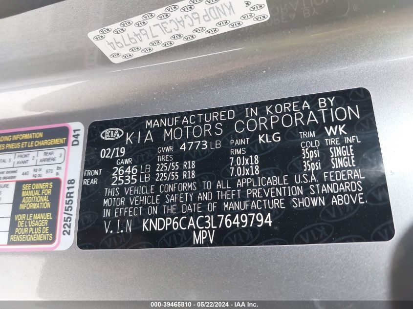 2020 Kia Sportage S VIN: KNDP6CAC3L7649794 Lot: 39465810