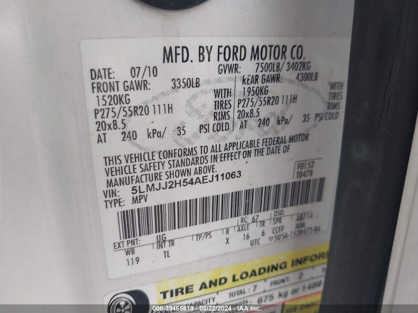 2010 Lincoln Navigator VIN: 5LMJJ2H54AEJ11063 Lot: 39465819