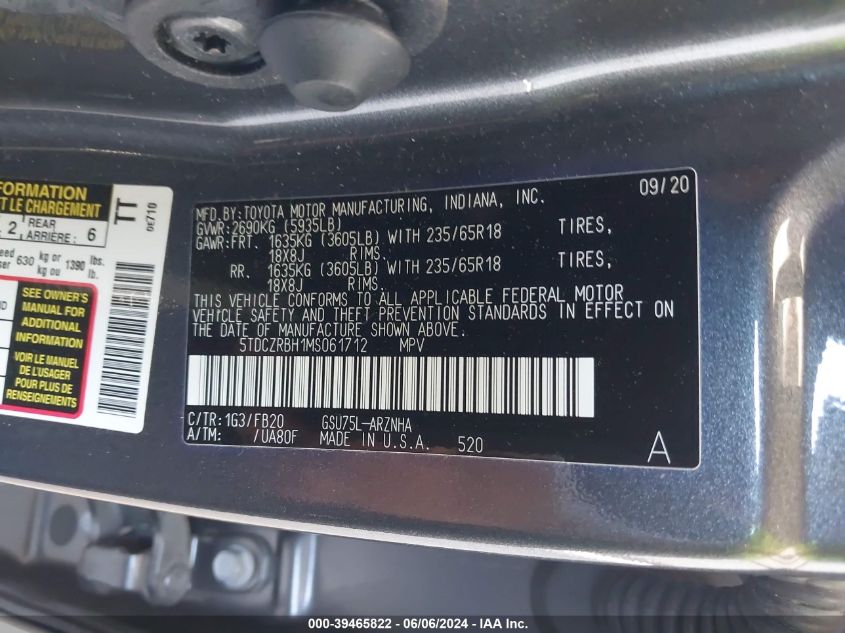 5TDCZRBH1MS061712 2021 Toyota Highlander L