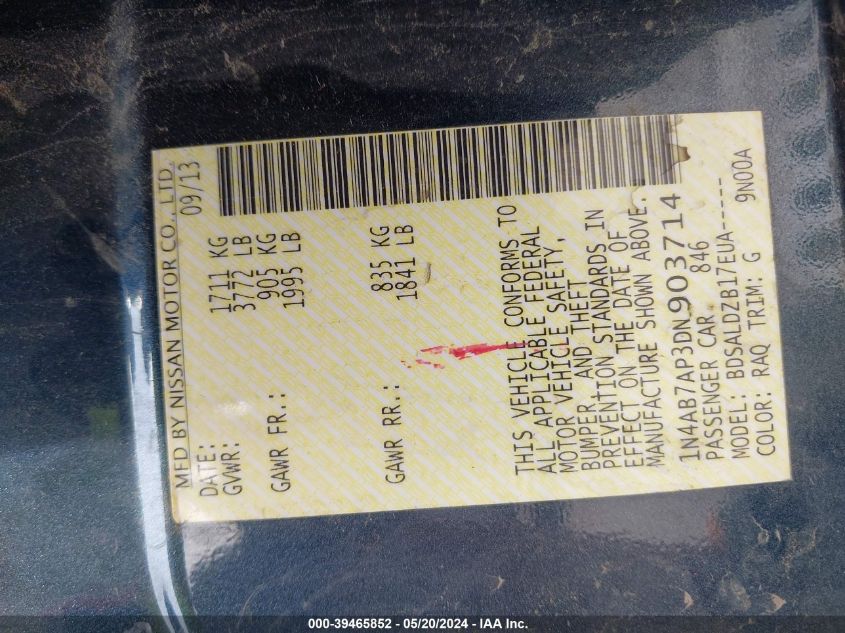 2013 Nissan Sentra Sv VIN: 1N4AB7AP3DN903714 Lot: 39465852