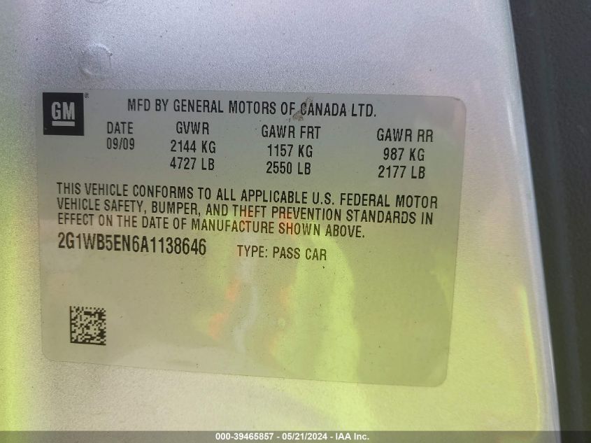 2010 Chevrolet Impala Lt VIN: 2G1WB5EN6A1138646 Lot: 39465857