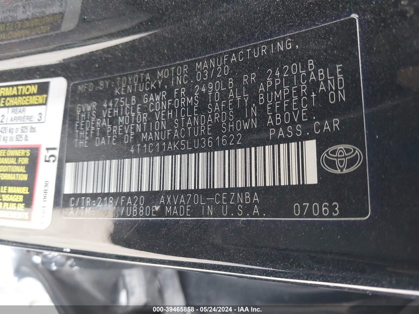 2020 TOYOTA CAMRY LE - 4T1C11AK5LU361622