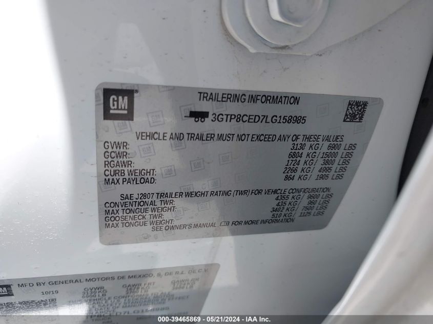 2020 GMC Sierra 1500 2Wd Short Box Elevation VIN: 3GTP8CED7LG158985 Lot: 39465869