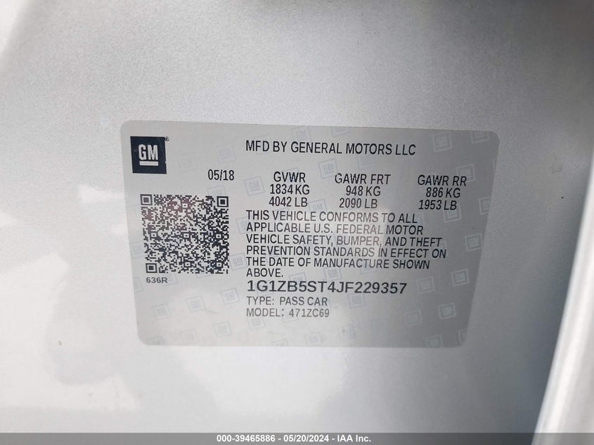 2018 Chevrolet Malibu 1Ls VIN: 1G1ZB5ST4JF229357 Lot: 39465886