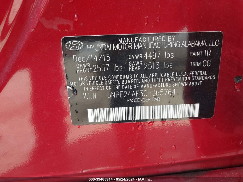 2016 Hyundai Sonata Se VIN: 5NPE24AF3GH365764 Lot: 39465914