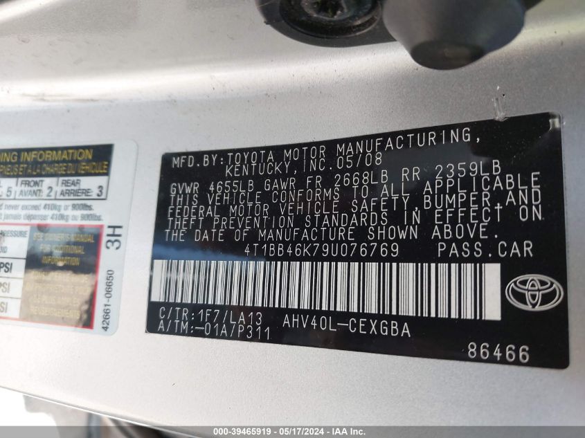 2009 Toyota Camry Hybrid VIN: 4T1BB46K79U076769 Lot: 39465919