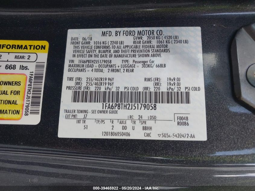 2018 Ford Mustang Ecoboost VIN: 1FA6P8TH2J5179058 Lot: 39465922