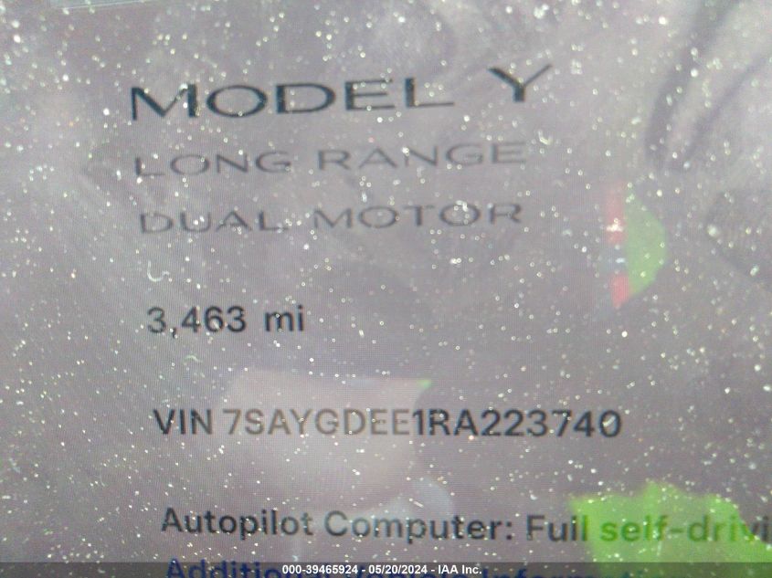 2024 Tesla Model Y Long Range Dual Motor All-Wheel Drive VIN: 7SAYGDEE1RA223740 Lot: 39465924