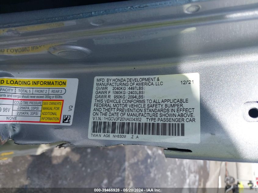 2022 Honda Accord Hybrid Sport VIN: 1HGCV3F20NA004352 Lot: 39465928