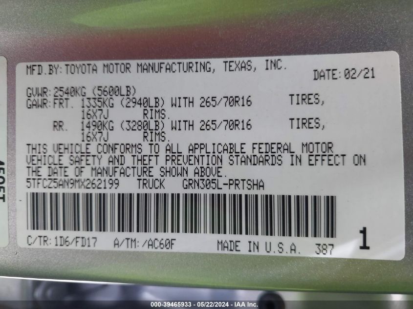 2021 TOYOTA TACOMA TRD OFF-ROAD - 5TFCZ5AN9MX262199