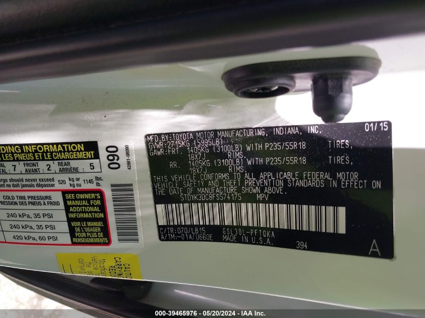 2015 Toyota Sienna Limited Premium 7 Passenger VIN: 5TDYK3DC8FS574175 Lot: 39465976