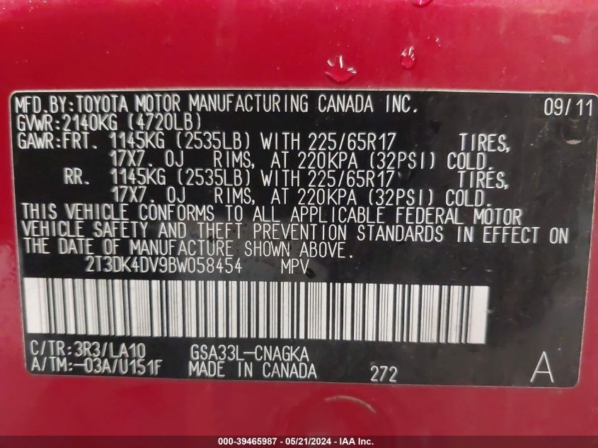 2011 Toyota Rav4 Limited V6 VIN: 2T3DK4DV9BW058454 Lot: 39465987