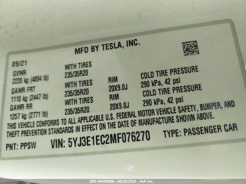 2021 Tesla Model 3 Performance Dual Motor All-Wheel Drive VIN: 5YJ3E1EC2MF076270 Lot: 39465996