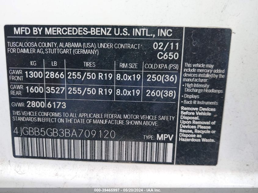 2011 Mercedes-Benz Ml 350 VIN: 4JGBB5GB3BA709120 Lot: 39465997