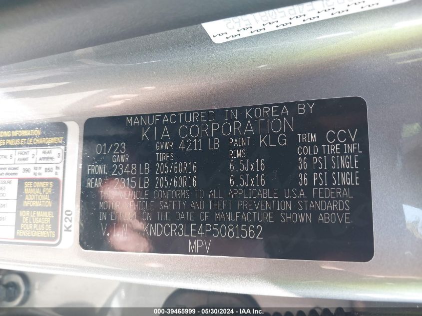 2023 Kia Niro Ex VIN: KNDCR3LE4P5081562 Lot: 39465999