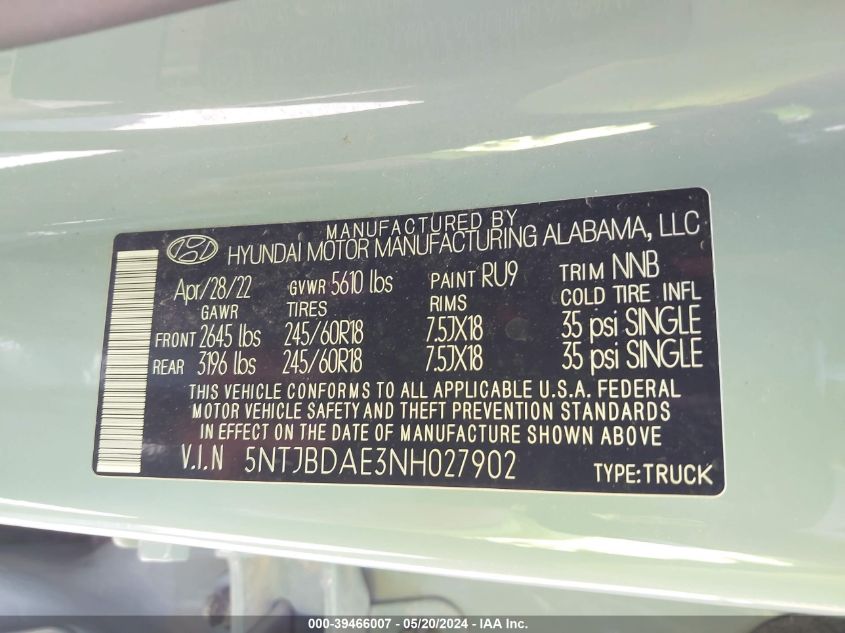 2022 HYUNDAI SANTA CRUZ SEL - 5NTJBDAE3NH027902