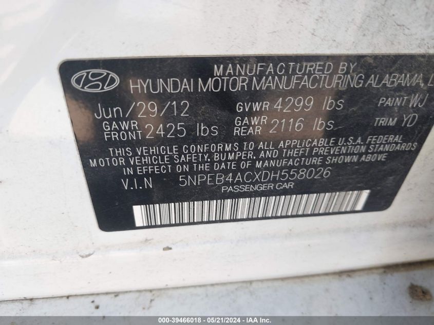 2013 Hyundai Sonata Gls VIN: 5NPEB4ACXDH558026 Lot: 39466018