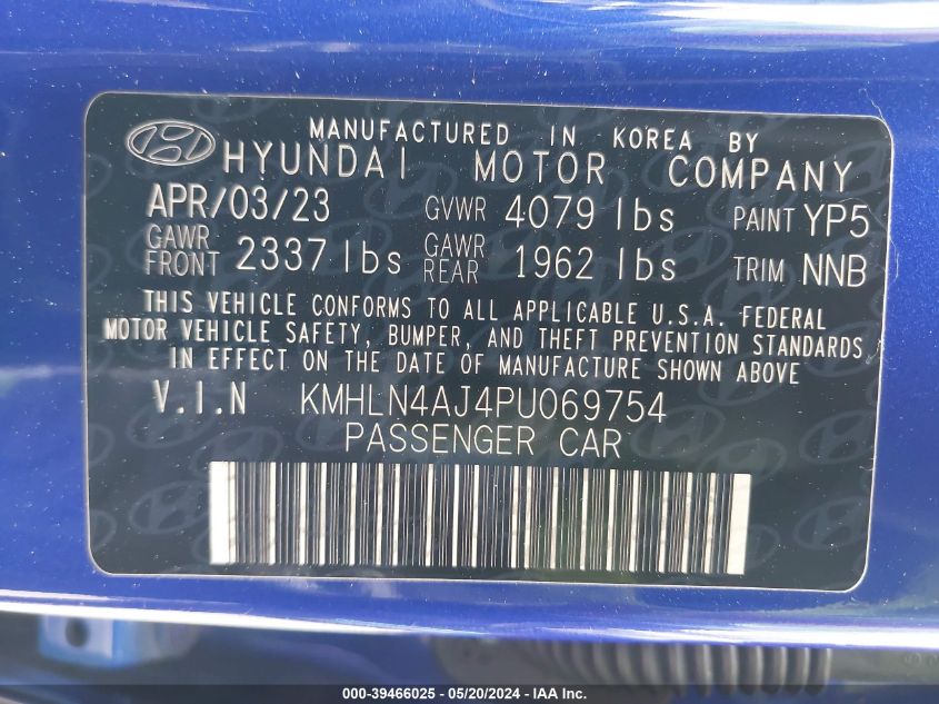 2023 Hyundai Elantra Hybrid Limited VIN: KMHLN4AJ4PU069754 Lot: 39466025