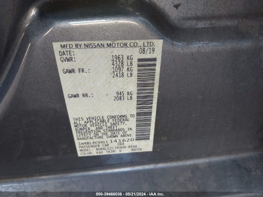 2020 Nissan Altima Sr Fwd VIN: 1N4BL4CVXLC141620 Lot: 39466036